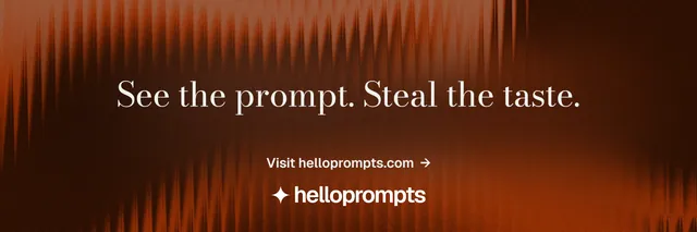 X header for HelloPrompts: "See the prompt. Steal the taste." Minimal luxury style, centred layout, dark palette in black, orange, brown.