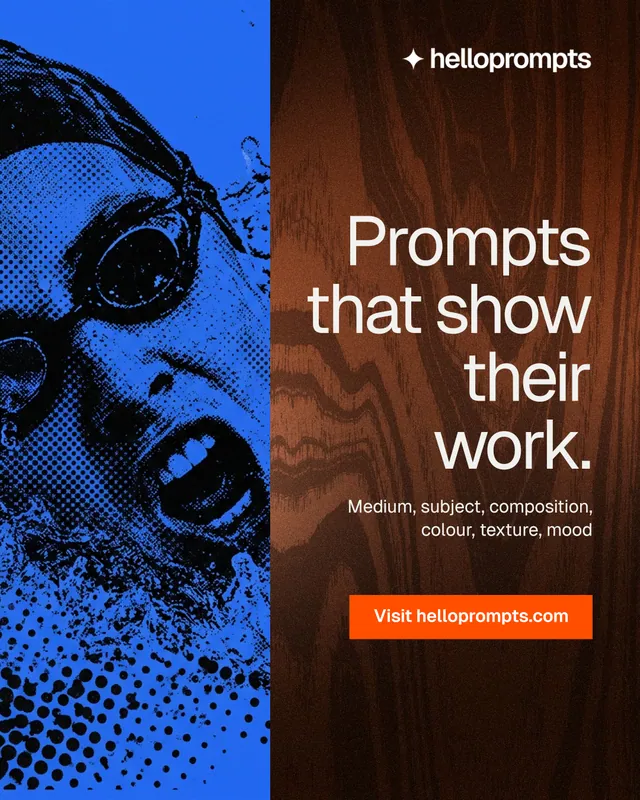 Instagram portrait post for HelloPrompts: "Prompts that show their work." Swiss style, right layout, dark palette in orange, black, blue.