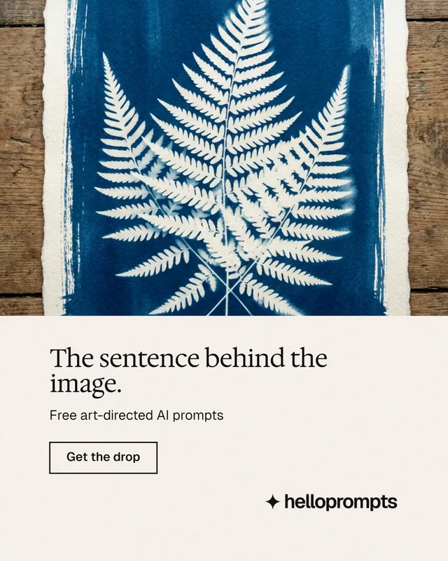 Instagram portrait post for HelloPrompts: "The sentence behind the image." Editorial style, bottom layout, light palette in white, blue, grey.