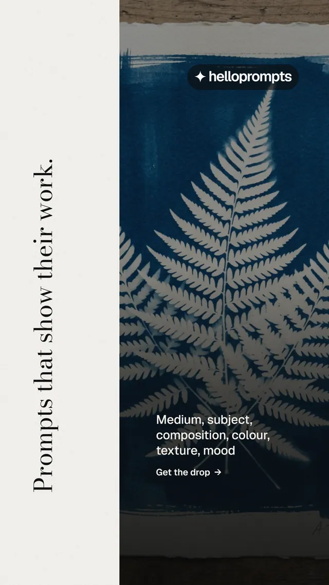 Instagram story for HelloPrompts: "Prompts that show their work." Minimal luxury style, vertical layout, light palette in white, black, blue.