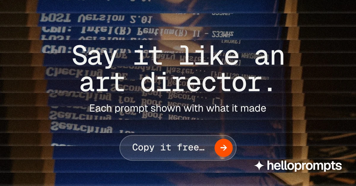 Social ad for HelloPrompts: "Say it like an art director." Agentic glass style, centred layout, dark palette in black, grey.