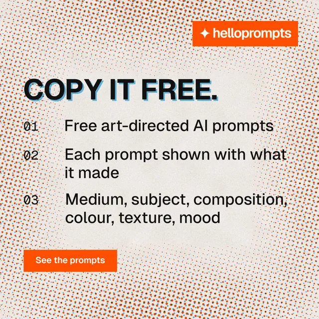Instagram post for HelloPrompts: "Copy it free." Swiss style, numbered layout, light palette in orange.