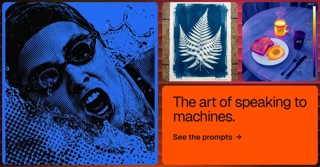 Social ad for HelloPrompts: "The art of speaking to machines." Agentic glass style, collage layout, dark palette in blue, red.