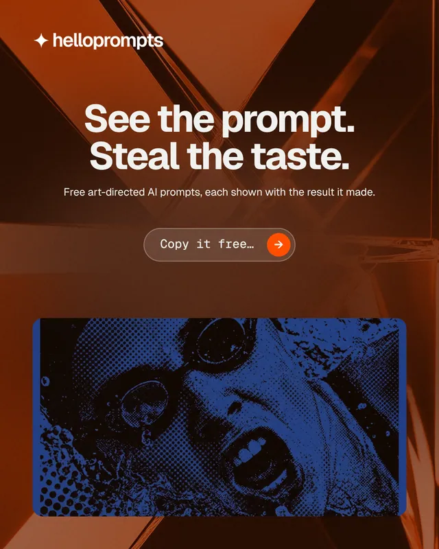 Instagram portrait post for HelloPrompts: "See the prompt. Steal the taste." Agentic glass style, centred layout, dark palette in red, black, orange.
