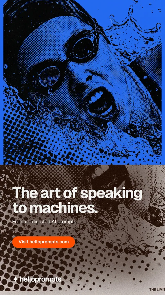 Instagram story for HelloPrompts: "The art of speaking to machines." Photo poster style, bottom layout, dark palette in black, blue, grey.