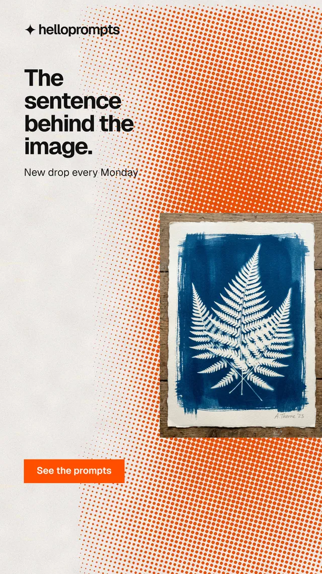 Instagram story for HelloPrompts: "The sentence behind the image." Swiss style, skeleton layout, light palette in orange, white.