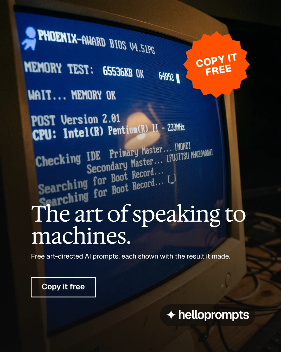 Instagram portrait post for HelloPrompts: "The art of speaking to machines." Editorial style, sticker layout, dark palette in black, blue, grey.