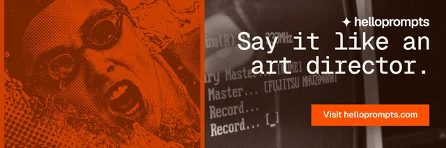 X header for HelloPrompts: "Say it like an art director." Swiss style, right layout, dark palette in black, orange, brown.