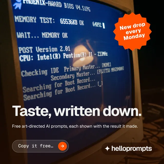 Instagram post for HelloPrompts: "Taste, written down." Agentic glass style, sticker layout, dark palette in black, blue, grey.