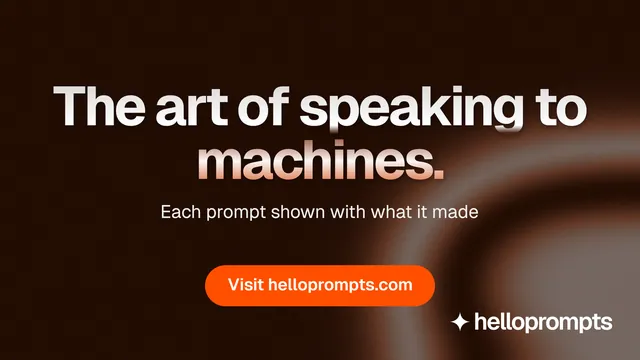 Landscape graphic for HelloPrompts: "The art of speaking to machines." Y2K style, centred layout, dark palette in black, orange.