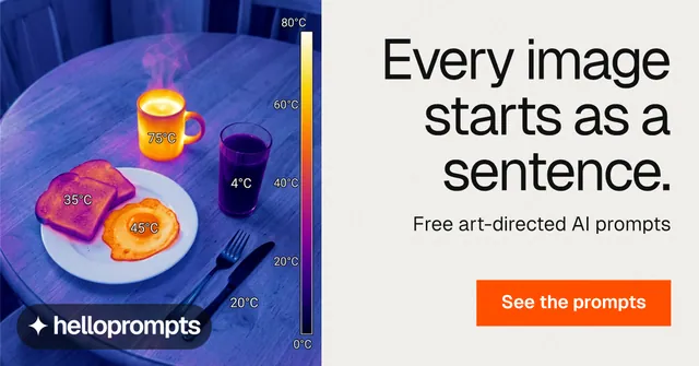 Social ad for HelloPrompts: "Every image starts as a sentence." Swiss style, right layout, light palette in white, grey, blue.