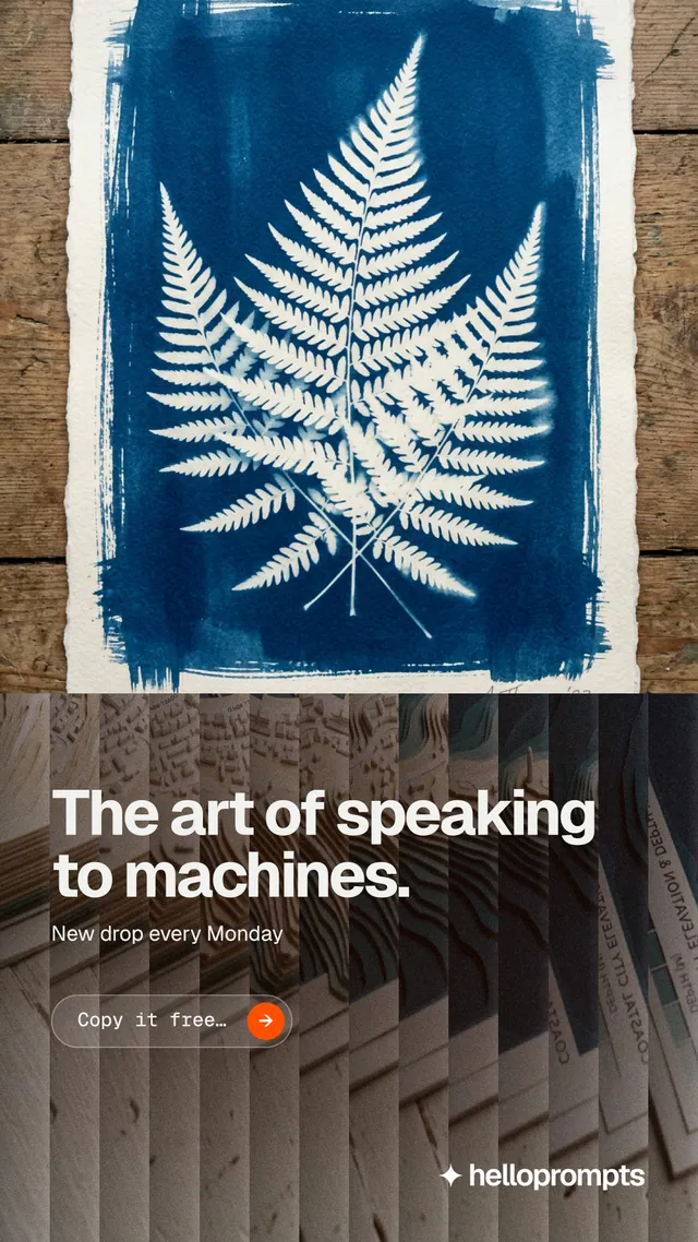 Instagram story for HelloPrompts: "The art of speaking to machines." Agentic glass style, bottom layout, dark palette in blue, grey, white.
