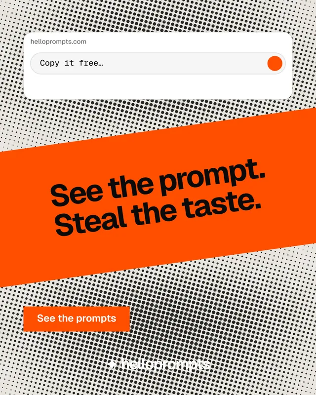 Instagram portrait post for HelloPrompts: "See the prompt. Steal the taste." Swiss style, diagonal layout, light palette in grey, orange, white.
