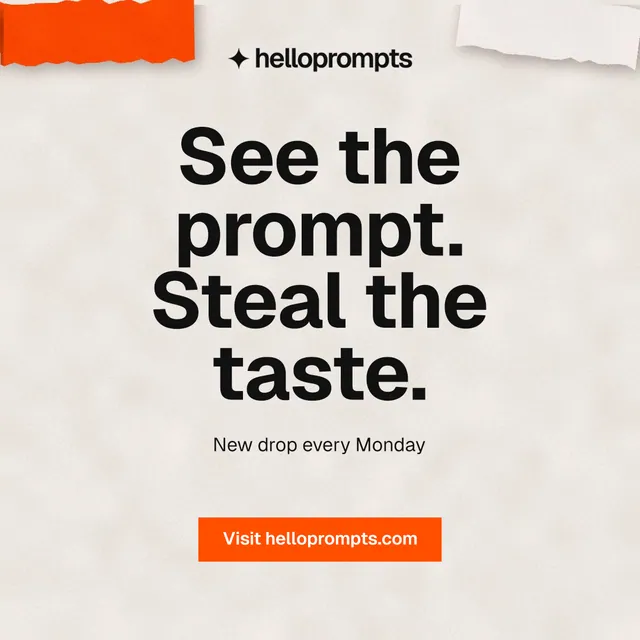 Instagram post for HelloPrompts: "See the prompt. Steal the taste." Swiss style, centred layout, light palette in orange.