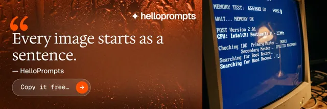 X header for HelloPrompts: "Say it like an art director." Agentic glass style, quote layout, dark palette in orange, blue, grey.