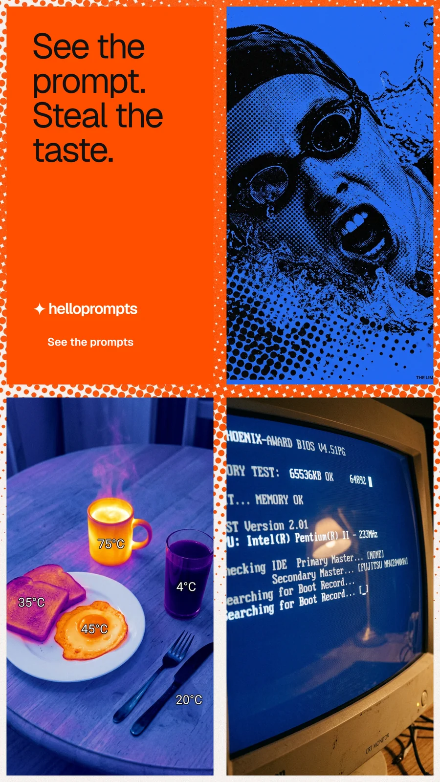 Instagram story for HelloPrompts: "See the prompt. Steal the taste." Swiss style, collage layout, dark palette in red, blue, orange.