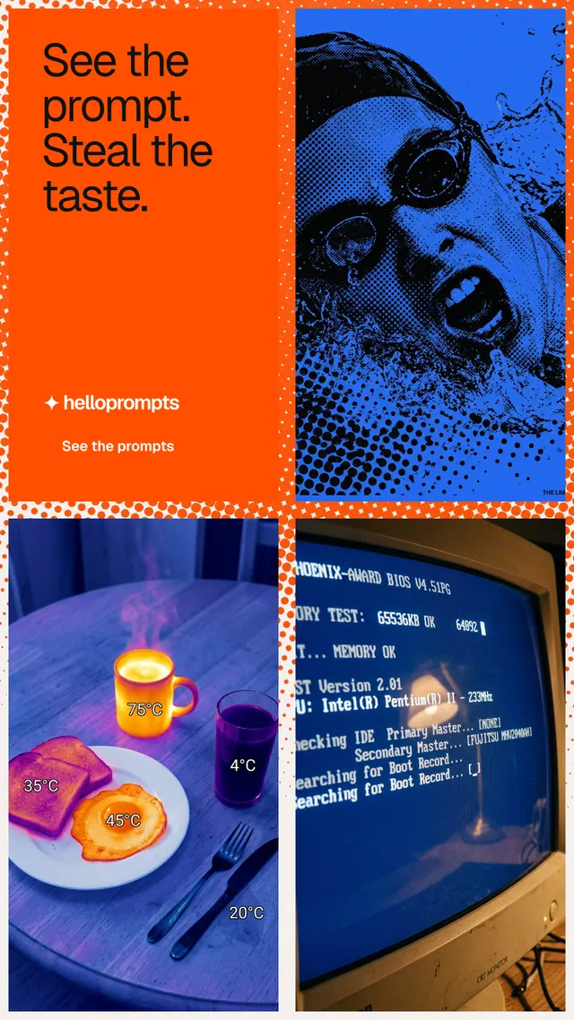 Instagram story for HelloPrompts: "See the prompt. Steal the taste." Swiss style, collage layout, dark palette in red, blue, orange.