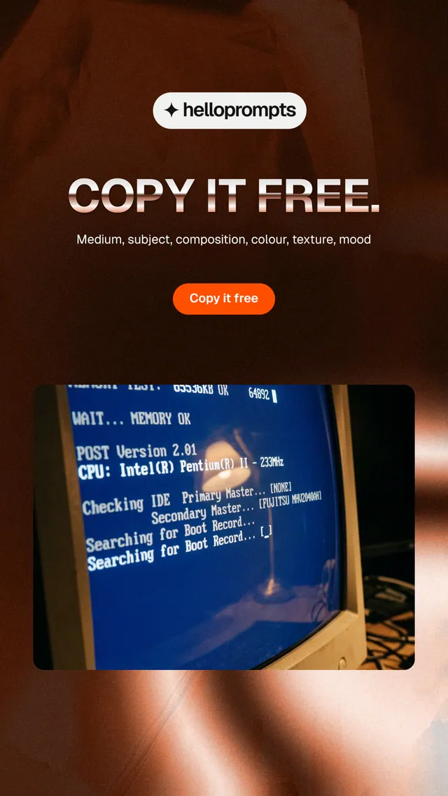 Instagram story for HelloPrompts: "Copy it free." Y2K style, centred layout, dark palette in orange, grey, black.