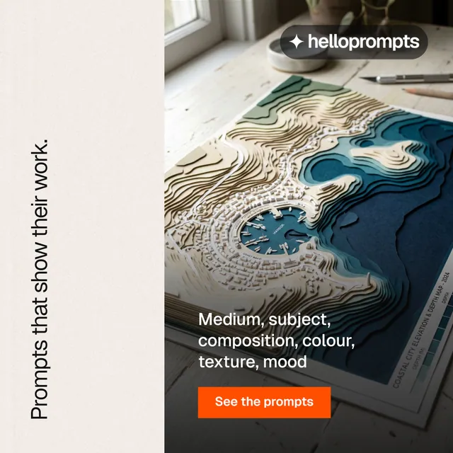 Instagram post for HelloPrompts: "Prompts that show their work." Swiss style, vertical layout, light palette in black, grey, white.