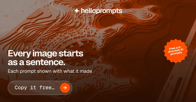Social ad for HelloPrompts: "Every image starts as a sentence." Agentic glass style, sticker layout, dark palette in orange, brown, black.