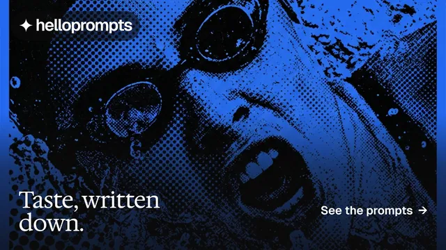 Landscape graphic for HelloPrompts: "Taste, written down." Editorial style, image led layout, dark palette in black, blue.