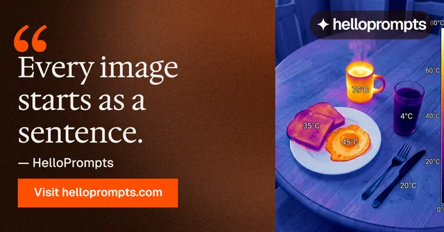 Social ad for HelloPrompts: "Say it like an art director." Swiss style, quote layout, dark palette in orange, black, blue.