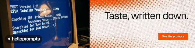 LinkedIn banner for HelloPrompts: "Taste, written down." Swiss style, right layout, light palette in blue, red, grey.