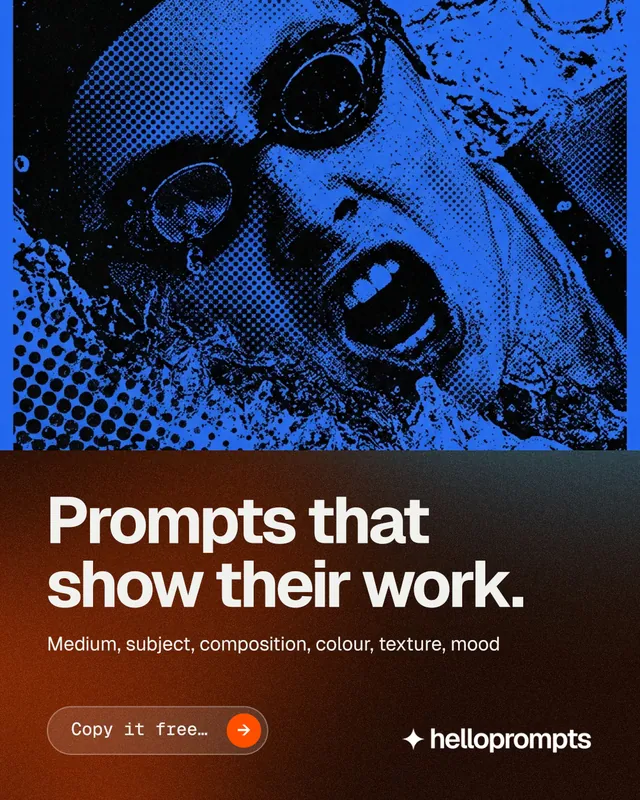 Instagram portrait post for HelloPrompts: "Prompts that show their work." Agentic glass style, bottom layout, dark palette in blue, black, orange.