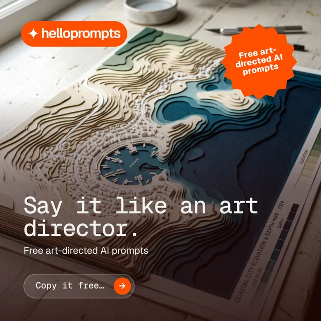 Instagram post for HelloPrompts: "Say it like an art director." Agentic glass style, sticker layout, dark palette in grey, red, black.