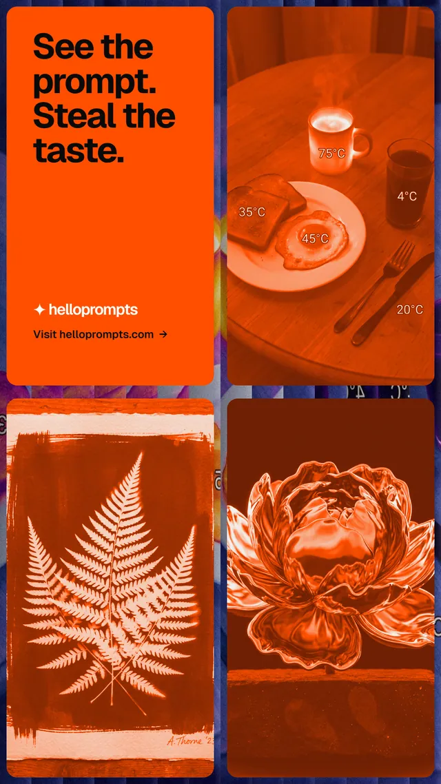Instagram story for HelloPrompts: "See the prompt. Steal the taste." Agentic glass style, collage layout, dark palette in orange, red.