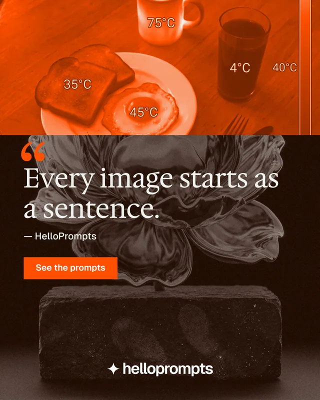 Instagram portrait post for HelloPrompts: "The sentence behind the image." Swiss style, quote layout, dark palette in black, orange, brown.