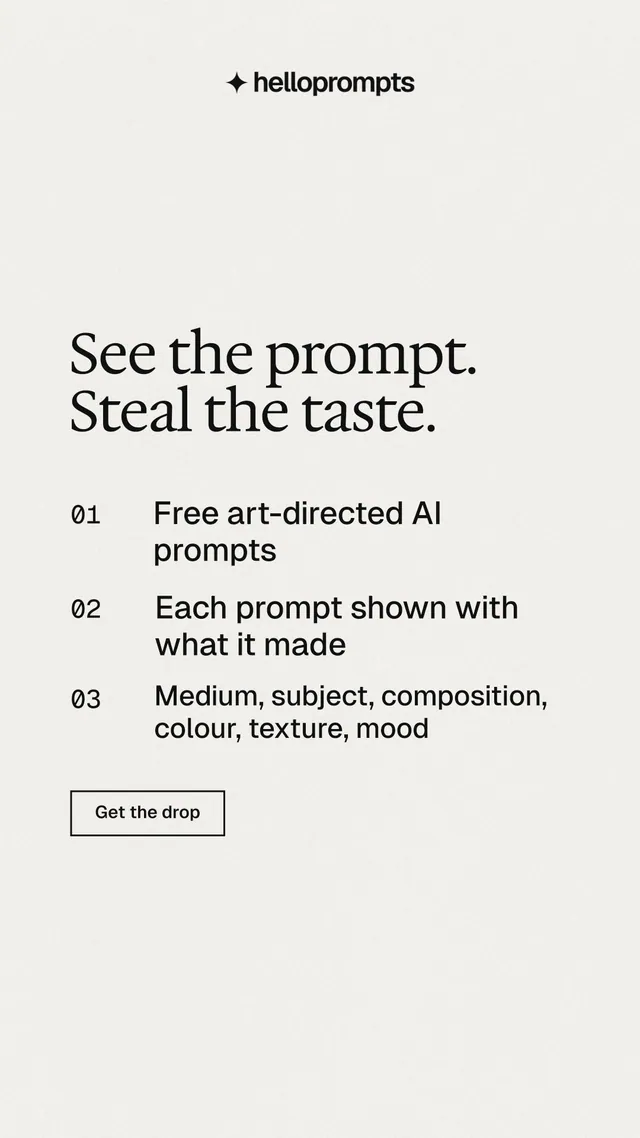 Instagram story for HelloPrompts: "See the prompt. Steal the taste." Editorial style, numbered layout, light palette in white, grey.