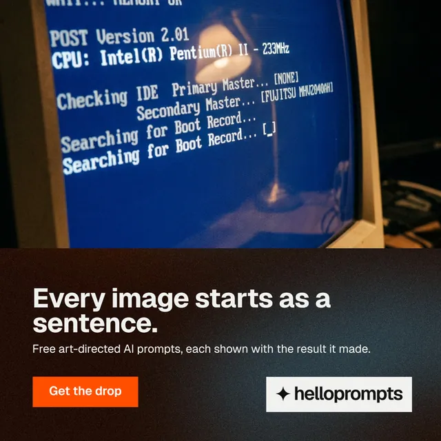 Instagram post for HelloPrompts: "Every image starts as a sentence." Swiss style, bottom layout, dark palette in blue, black, grey.