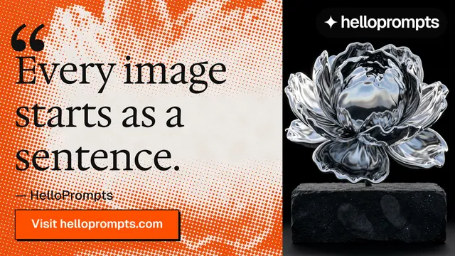 Landscape graphic for HelloPrompts: "Copy it free." Brutalist style, quote layout, light palette in black, orange.