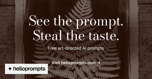 Social ad for HelloPrompts: "See the prompt. Steal the taste." Minimal luxury style, centred layout, dark palette in orange, black, grey.