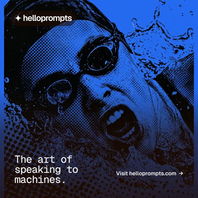 Instagram post for HelloPrompts: "The art of speaking to machines." Swiss style, image led layout, dark palette in blue, black.