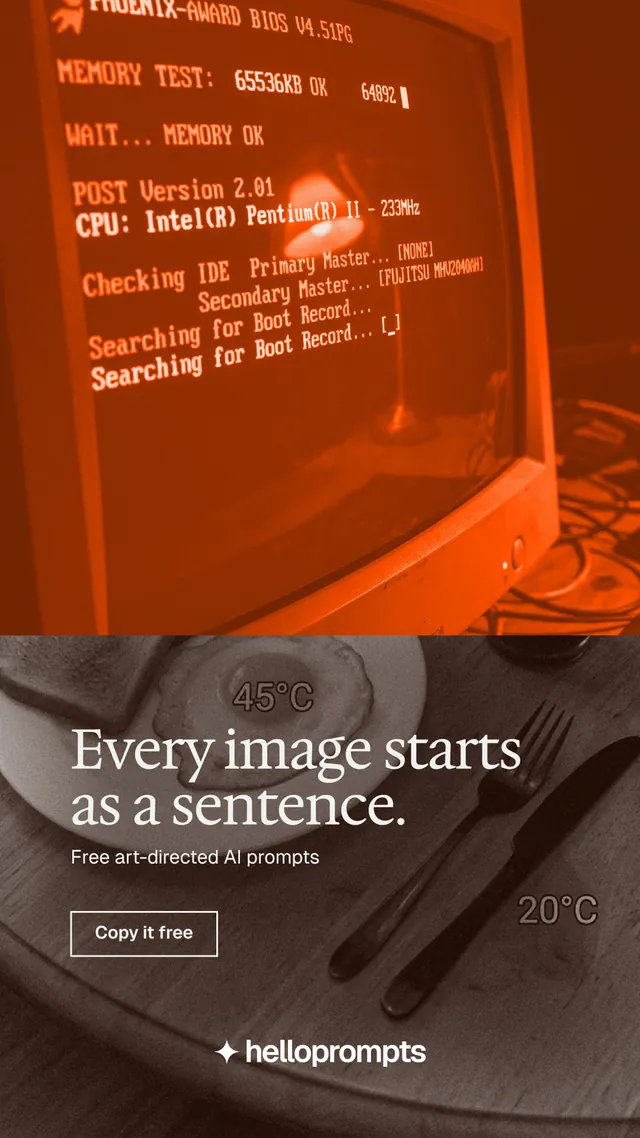 Instagram story for HelloPrompts: "Every image starts as a sentence." Editorial style, bottom layout, dark palette in orange, brown.