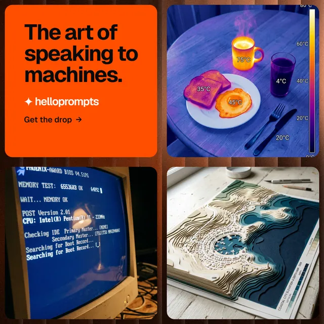 Instagram post for HelloPrompts: "The art of speaking to machines." Agentic glass style, collage layout, dark palette in blue, red, grey.
