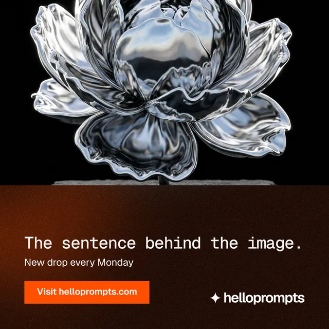 Instagram post for HelloPrompts: "The sentence behind the image." Swiss style, bottom layout, dark palette in black, grey, orange.
