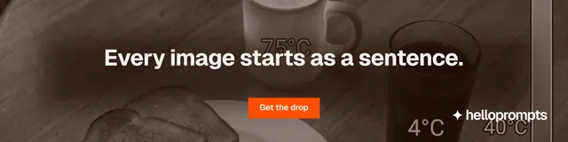 LinkedIn banner for HelloPrompts: "Every image starts as a sentence." Swiss style, centred layout, dark palette in orange, grey.