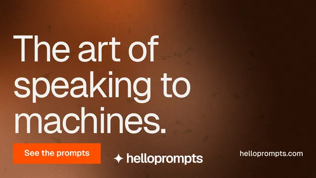 Landscape graphic for HelloPrompts: "The art of speaking to machines." Swiss style, poster layout, dark palette in orange, black, brown.