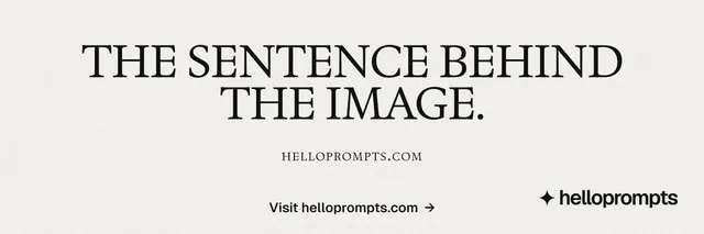 X header for HelloPrompts: "The sentence behind the image." Swiss style, smallcaps layout, light palette in white, grey.