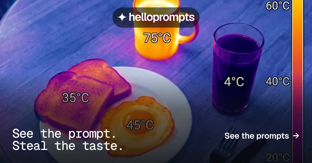 Social ad for HelloPrompts: "See the prompt. Steal the taste." Swiss style, image led layout, dark palette in blue, pink, grey.
