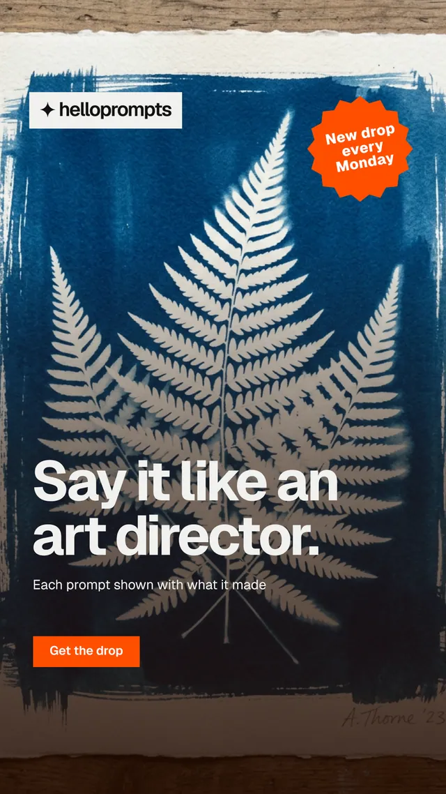 Instagram story for HelloPrompts: "Say it like an art director." Swiss style, sticker layout, dark palette in grey, black, blue.