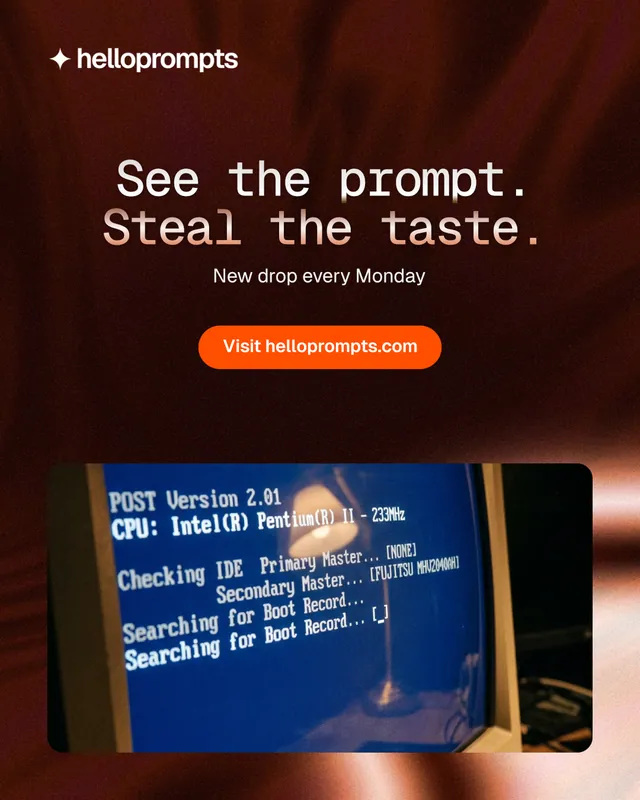 Instagram portrait post for HelloPrompts: "See the prompt. Steal the taste." Y2K style, centred layout, dark palette in black, grey, pink.