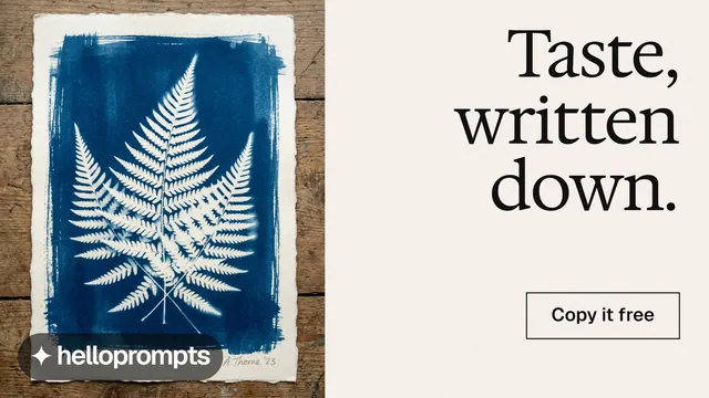 Landscape graphic for HelloPrompts: "Taste, written down." Editorial style, right layout, light palette in white, blue, grey.