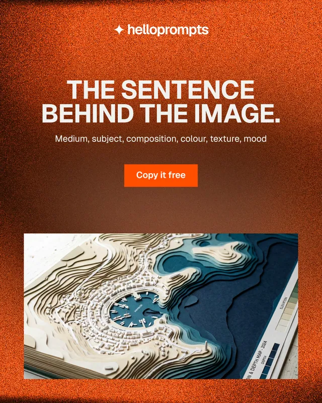 Instagram portrait post for HelloPrompts: "The sentence behind the image." Swiss style, centred layout, dark palette in orange.