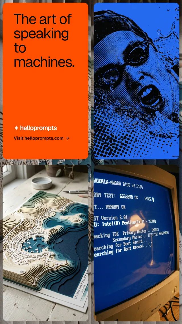 Instagram story for HelloPrompts: "The art of speaking to machines." Agentic glass style, collage layout, dark palette in blue, red, grey.