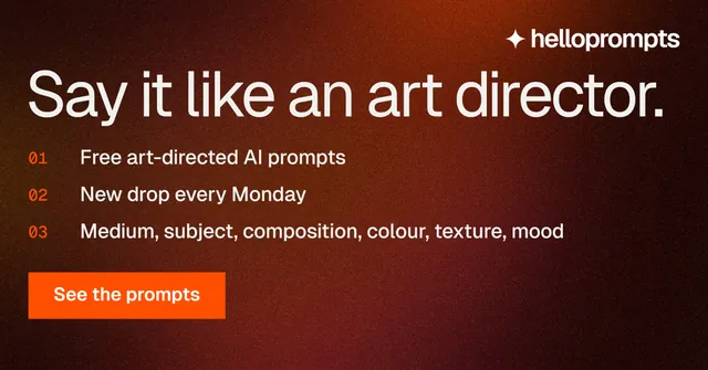 Social ad for HelloPrompts: "Say it like an art director." Swiss style, numbered layout, dark palette in red, black, orange.