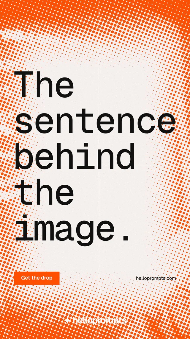 Instagram story for HelloPrompts: "The sentence behind the image." Split block style, poster layout, light palette in orange, white, brown.